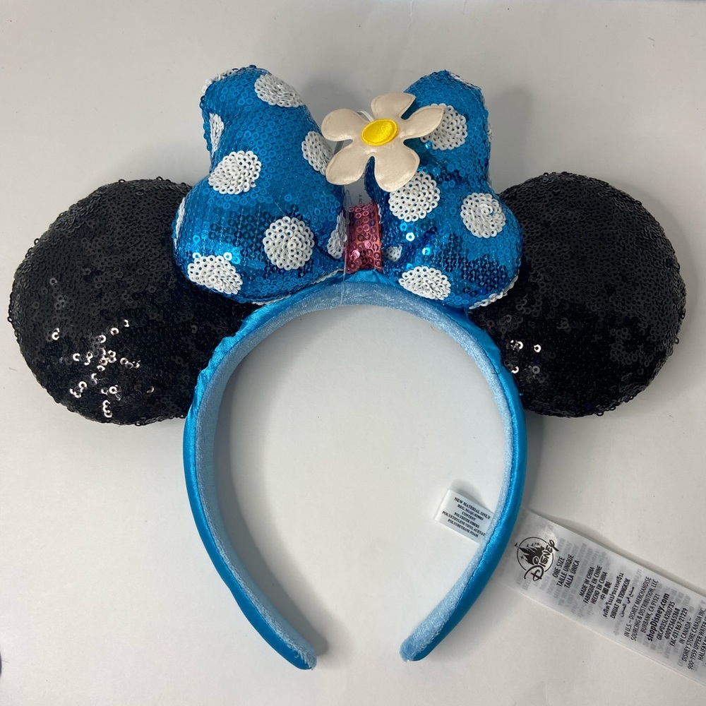 NWT Disney Parks Timeless White Daisy Blue Sequin Polka Dot Bow Ears